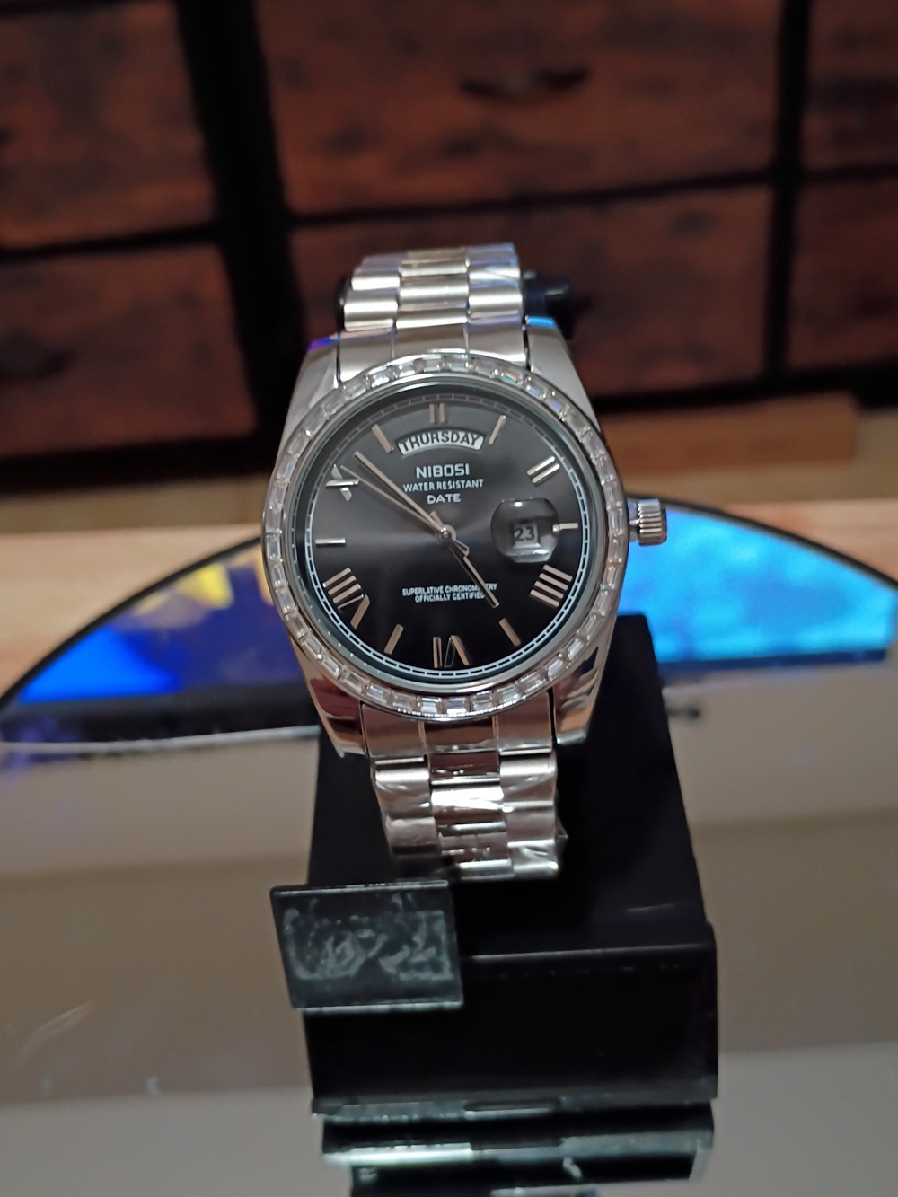 Men's Silver Stainless Steel Watch with Black Dial